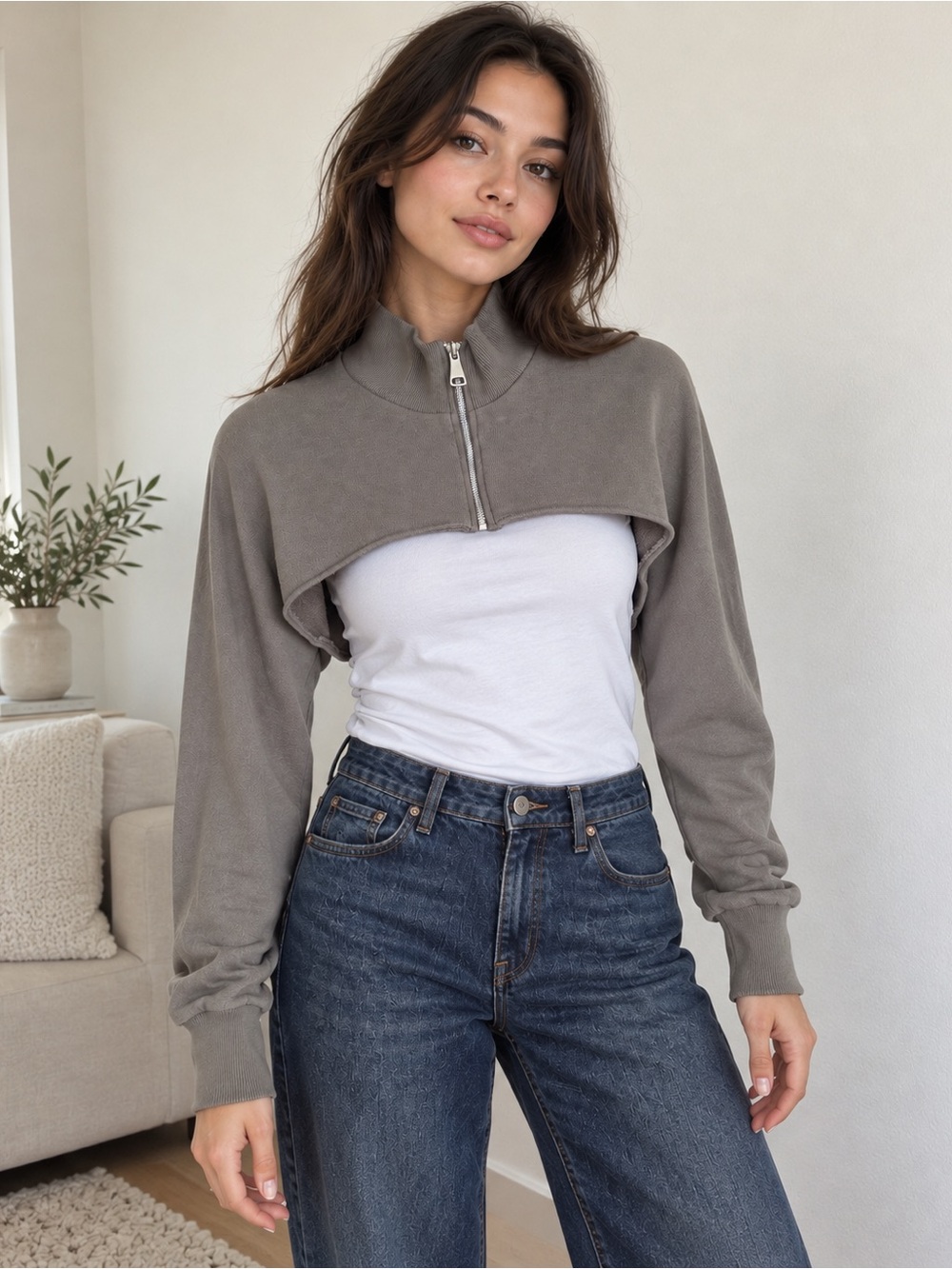 Zara Taupe Extreme Cropped Half Zip Sweatshirt Shrug Bolero Size M